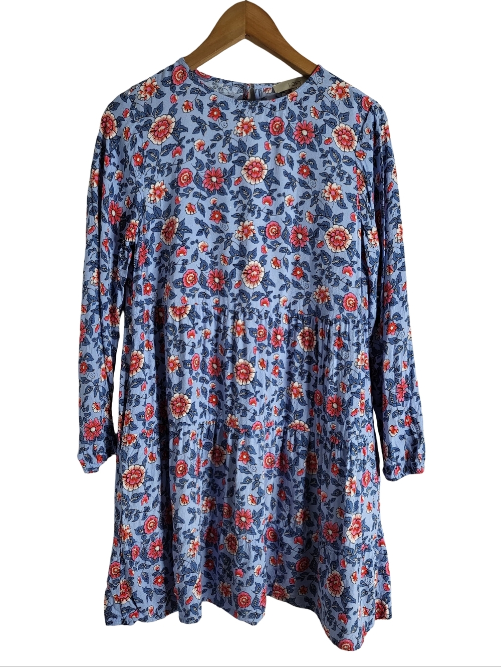 LOFT Blue Floral Long Sleeve Tiered Dress